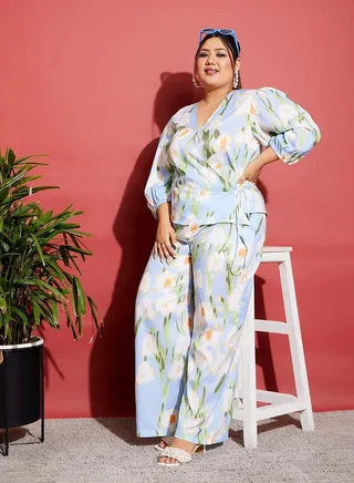 Floral Wrap Top & Wide Leg Pants Co-Ords 