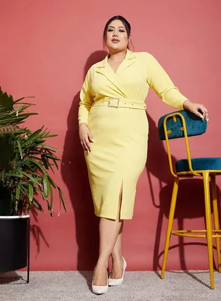 Notch Collar Belted Bodycon Midi Dress 