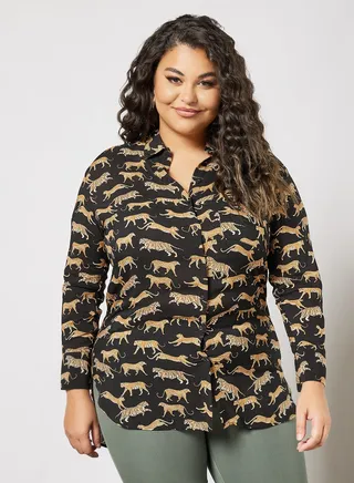 Plus Size All-Over Tiger Printed Shirt Black 