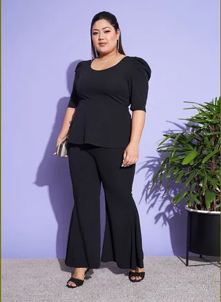 Scoop Neck Peplum Top & Kick Pleats Pants Co-Ords 