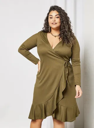 Plus Size Wrap Mini Dress Dark Green 