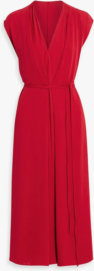Belted pleated silk-crepe midi dress