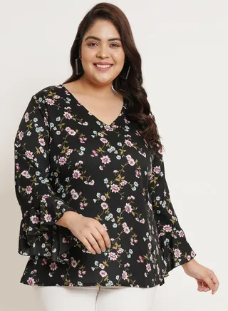 Plus Floral Print A-Line Top with Bell Sleeves 