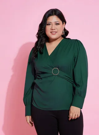 V Neck Peplum Top with Long Sleeves 