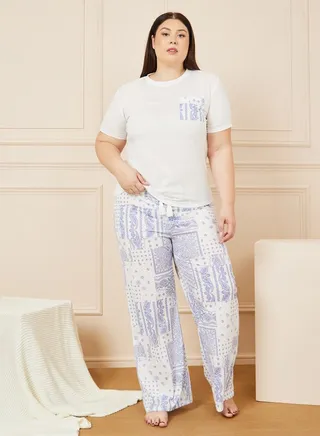 Scarf Print Pocket Detail T-shirt and Scarf Print Wide Leg Pyjama Set 