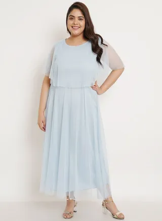 Plus Mesh Insert Cape Sleeves A-Line Maxi Dress 