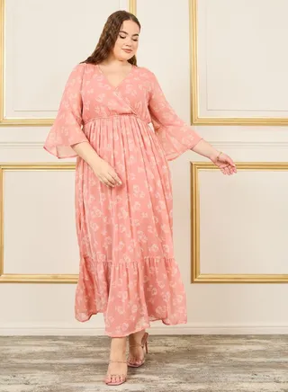 Plus Floral Print Gathered Detail A-Line Maxi Dress 