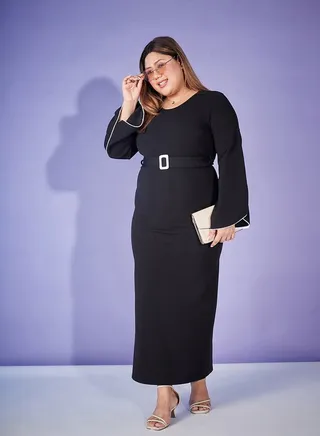 Contrast Piping Belted Bodycon Maxi Dress 