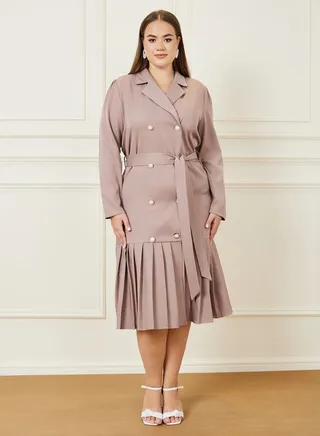 Pleated Hem Midi Blazer Dress with Tie Belt 