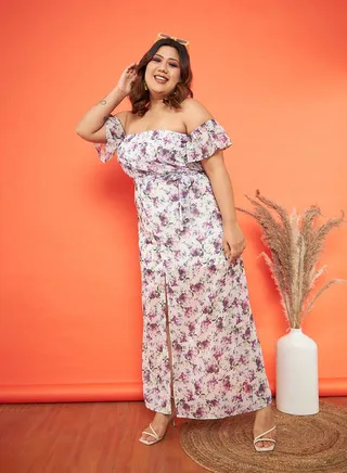 Floral Print Off Shoulder Belted Detail Maxi Dress 