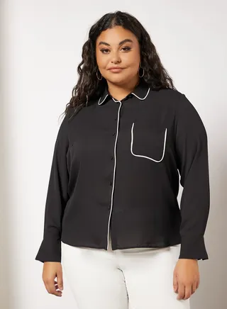 Plus Size Contrast Piping Top Black 