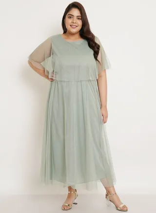 Plus Mesh Insert Cape Sleeves A-Line Maxi Dress