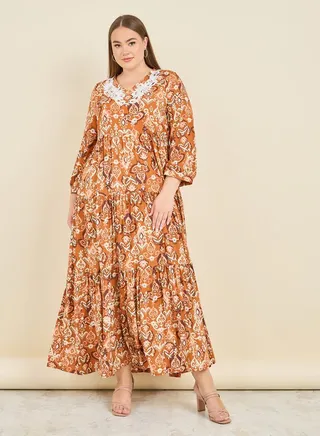 Embroidered Neck Ikat Print Tiered Maxi Dress