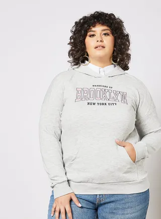 Curvy Text Print Hoodie Grey 