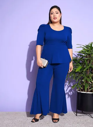 Scoop Neck Peplum Top & Kick Pleats Pants Co-Ords 