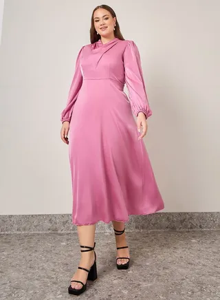 Solid Puff Sleeve A-Line Midi Dress 