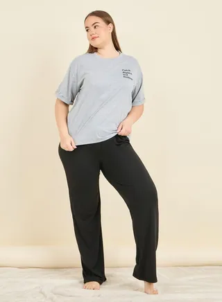 Slogan Print Roll Up Sleeves T-shirt and Pyjama Set 