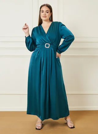 Solid Wrap Front Detail Maxi Dress with Embellished Belt 