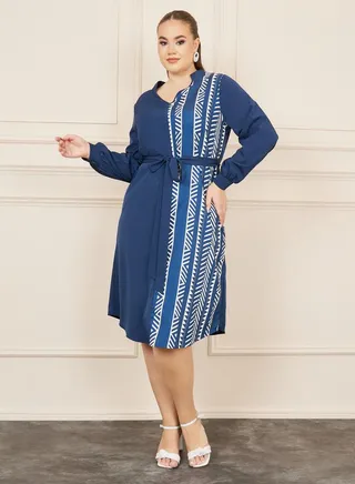 Plus Aztec Print Notch Neck A-line Midi Dress with Self Tie Up 