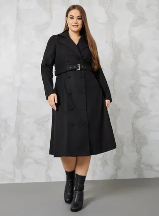 Notch Collar Belted A-Line Coat Midi Dress 