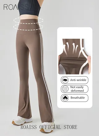 Women Striped Sweatpants High Elastic Fabric Yoga Fitness Pants Slightly Booted Trousers Wear resistant and Anti wrinkle Moisture Wicking Tighten the Waist Modify Body Proportions 
