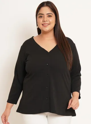 Plus Solid V Neck Top with Buttons 