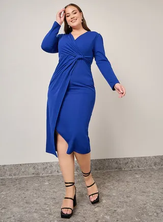 Solid Knotted Midi Bodycon Dress 