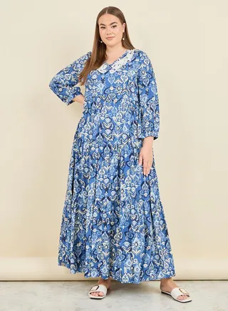 Embroidered Neck Ikat Print Tiered Maxi Dress