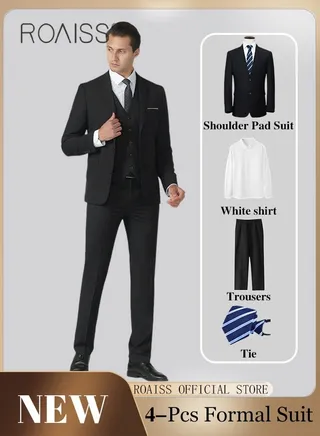 4Pcs Business Casual Oversize Suits for Men Blazer Shirt Tie Pants Formal Dress Sets Mens Single Breasted 2 Buttons Anti Wrinkle Suit with Lapel Collar for Wedding Office or Meeting 