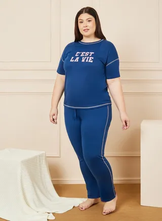 Slogan Print Contrast Stitch T-Shirt & Pyjama Set 
