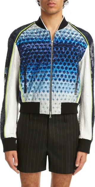 Vamps Sequin Racer Print Bomber Jacket
