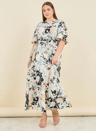 Abstract Print A-Line Maxi Dress with Self Tie Up