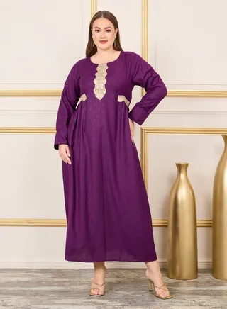 Plus Embroidered Lace Jacquard Print Jalabiya 