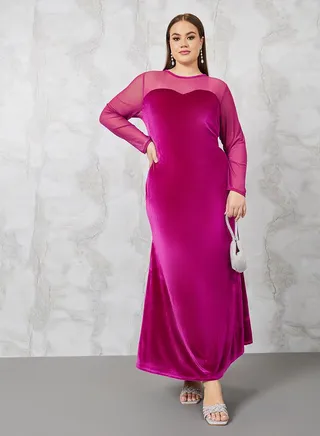 Mesh Insert Velvet A-Line Maxi Dress 