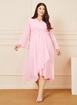 Pleated V Neck Midi Wrap Dress
