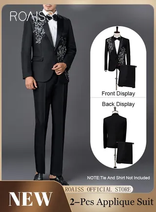 2 Piece Slim Fit Formal Suits for Men Crystal 3D Rhinestones Embroidery Blazer and Pants Set for Wedding Performance or Celebration with Single Breasted 1 Botton 