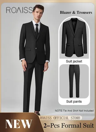 2Pcs Business Casual Formal Suit for Men 2 Buttons Single Breasted Lapel Collar Blazer Trousers Set for Bridegroom Host or Office Wear 