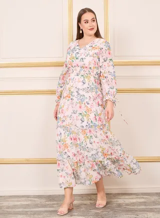 Plus Floral Print Smocked Waist A-Line Maxi Dress 