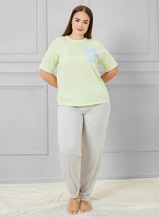 Slogan Printed Drop Shoulder T-Shirt & Cuff Pyjama Set 