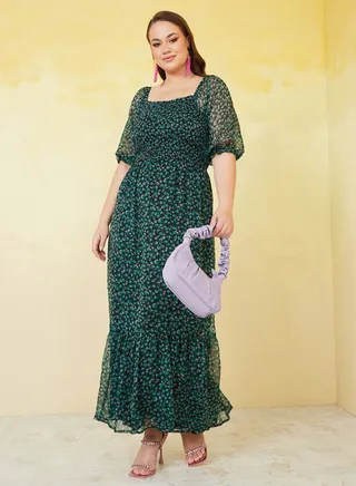 Ditsy Floral Print Smocked Maxi Dress 