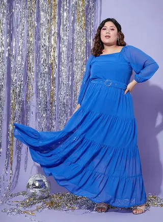 Square Neck Belted Tiered Maxi Dress 