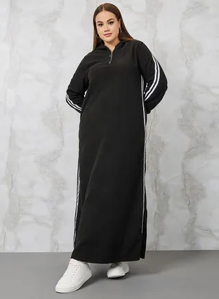 Side Striped Hooded Sweatshirt Maxi Dress 