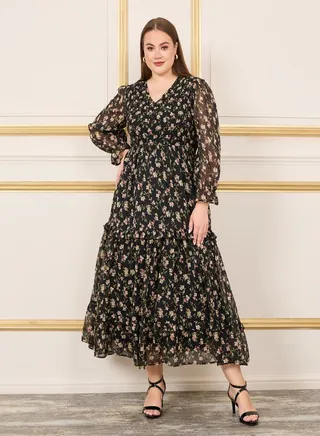 Floral Print Smocked Ruffle Detail A-Line Maxi Dress 