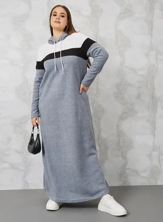 Colorblock Hooded Sweatshirt Maxi Dress 