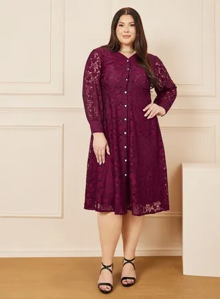 All Over Lace Button Front A-Line Midi Dress 
