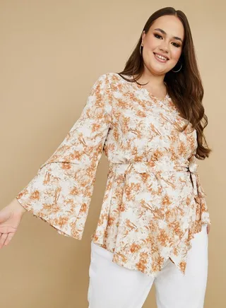 Printed Fluted Sleeve Belted Top 