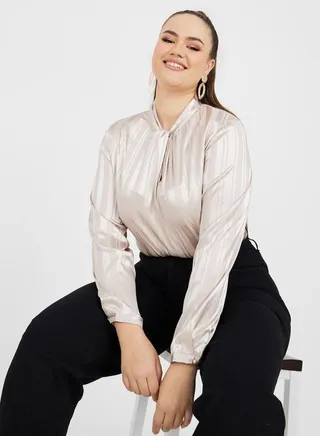 High Neck Twist Detail Striped Satin Blouse 