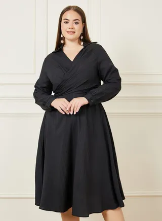 Textured Collared Back Tie Up A-line Midi Dress 