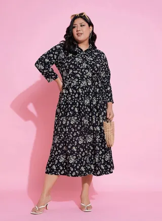 Plus Collared Floral Print Belted Midi Dress 