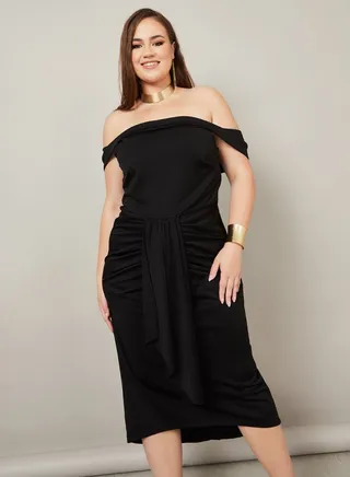 Off Shoulder Draped Sheath Midi Dress 
